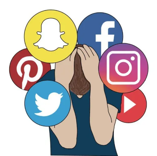 Illustration of person bothered by social media logos.