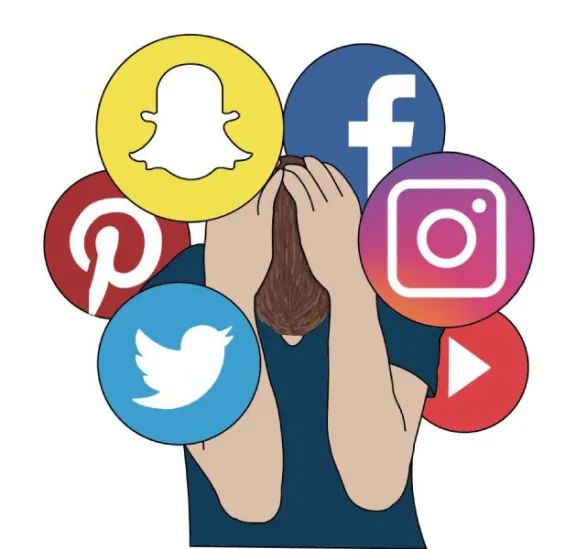 Illustration of person bothered by social media logos.