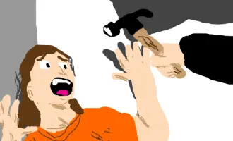 Cartoon of hammer descending on a person.