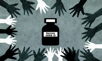 Hands reaching for vaccine graphic.