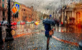 Pedestrian on a rainy street.