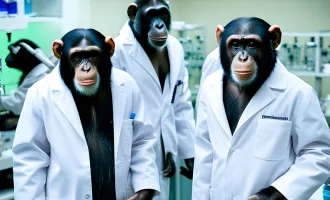 Monkeys in a lab wearing lab coats.