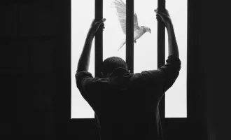 Man grasping prison bars.