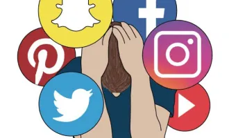 Illustration of person bothered by social media logos.