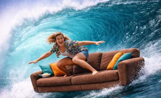 illustration woman surfing a couch