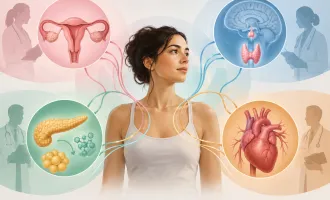 woman at the center with visual pathways branching toward reproductive health, endocrinology, metabolism and cardiovascular health