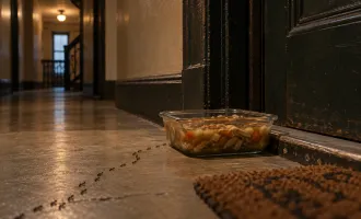 A Pyrex dish of stew sitting in a dim apartment hallway, with a thin trail of ants approaching it.