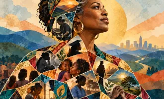 Mosaic Woman — A Black woman’s silhouette composed of many irregular pieces representing work, education, motherhood, hardship, community and aspiration.
