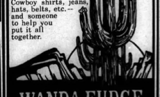 black and white image with a cactus "Wanda Fudge for Men" "Cowboy shirt, jeans, hats, etc.--and someone to help you put it all together"