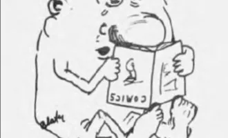 Cartoon character sitting down reading and upside down book, with tears rolling down his face