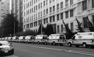 Image of a Parnassus lined with 12 waiting ambulances