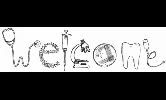Welcome spelled out in drawings of medical equipment