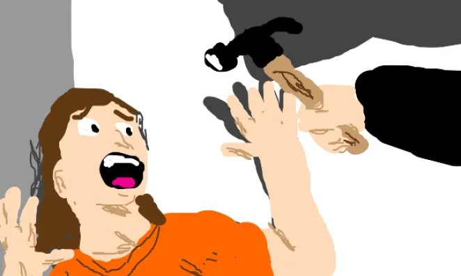 Cartoon of hammer descending on a person.