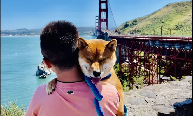 Man holding dog at Golden Gate Bridge.