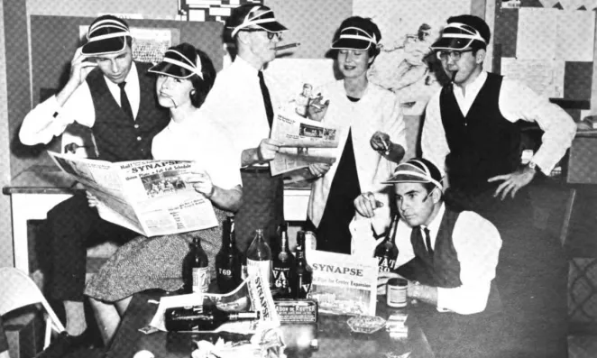 UCSF student journalists in Synapse newsroom circa 1930s.