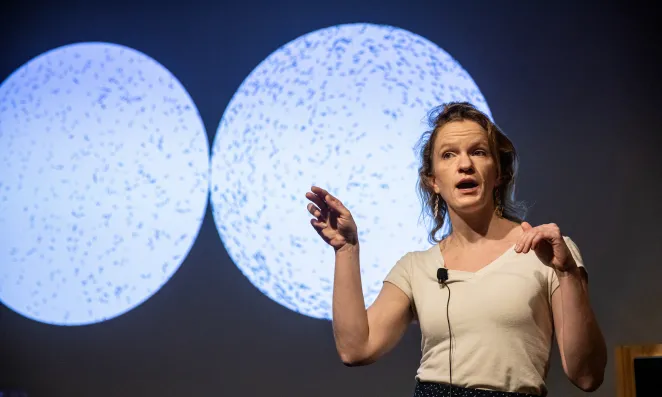 Laura Persson talks in front of a screen.