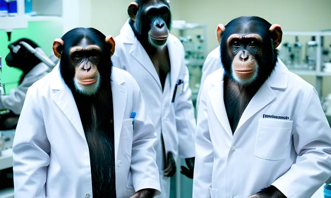 Monkeys in a lab wearing lab coats.