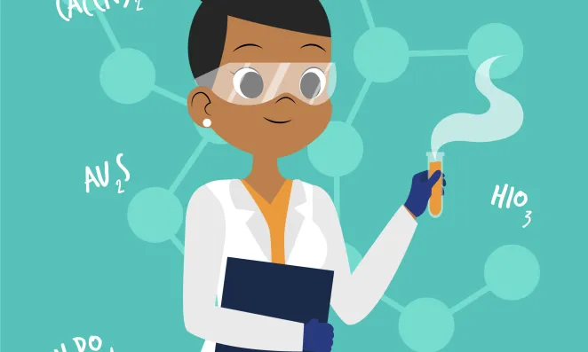 Cartoon rendering of a smiling scientist.