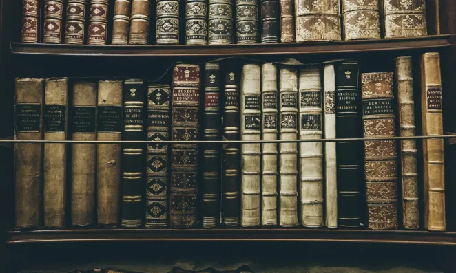 Shelf of old textbooks.