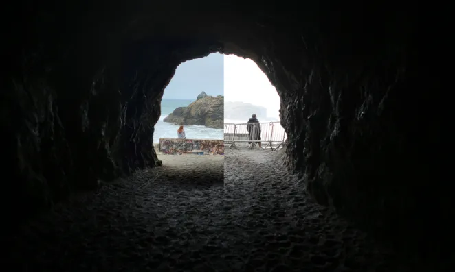 Split screen shot of person sitting outside a tunnel.