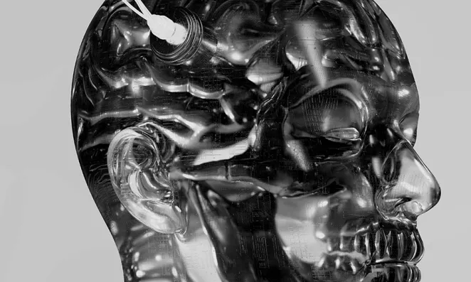 3-D man's skull with probes.