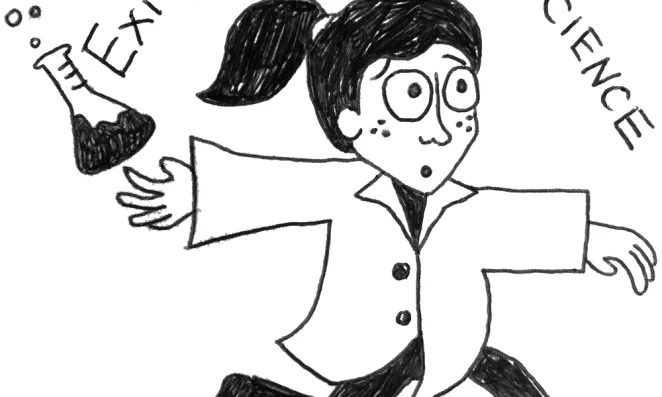 Comic of woman with ponytail and freckle face, wearing white coat running with a beaker about to fall out of her hand. Entitled: Exit, Pursued by Science