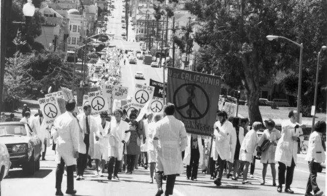 Image of UCSF students protesting in San Francisco street.