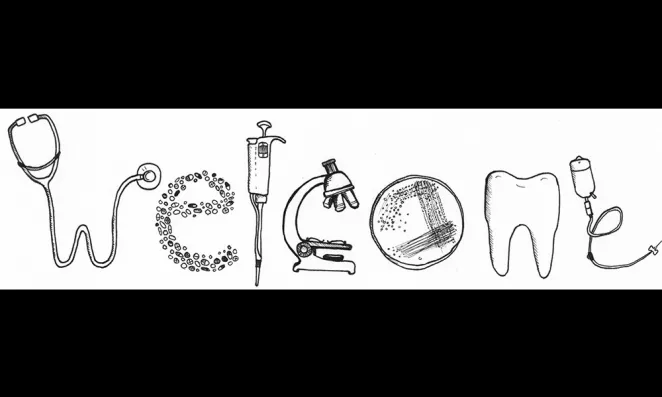 Welcome spelled out in drawings of medical equipment