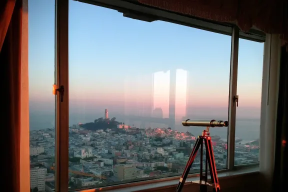 Telescope pointed out a window overlooking San Francisco.