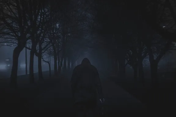 Figure walking into darkness.