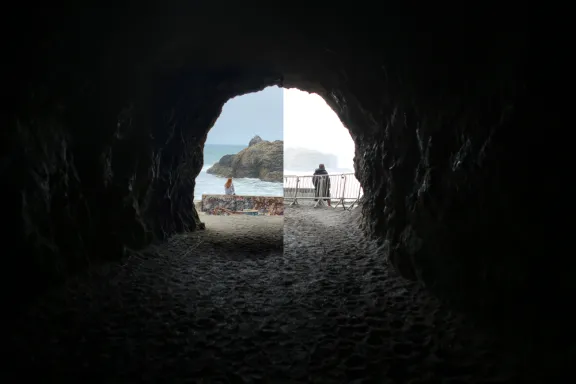 Split screen shot of person sitting outside a tunnel.