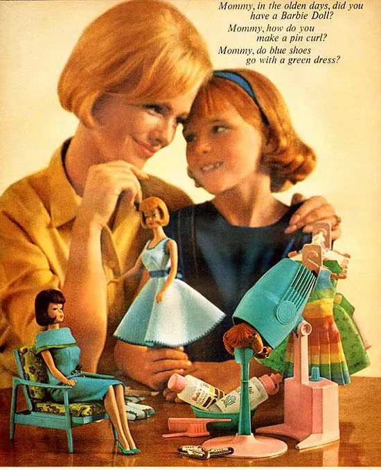 Mother and daughter and barbie dolls.