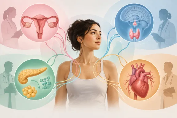 woman at the center with visual pathways branching toward reproductive health, endocrinology, metabolism and cardiovascular health