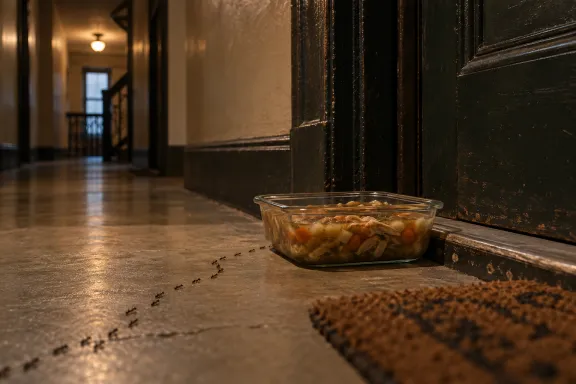 A Pyrex dish of stew sitting in a dim apartment hallway, with a thin trail of ants approaching it.
