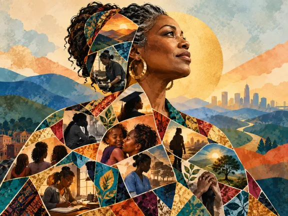 Mosaic Woman — A Black woman’s silhouette composed of many irregular pieces representing work, education, motherhood, hardship, community and aspiration.