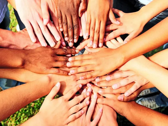 A circle of hands meet at a center point.
