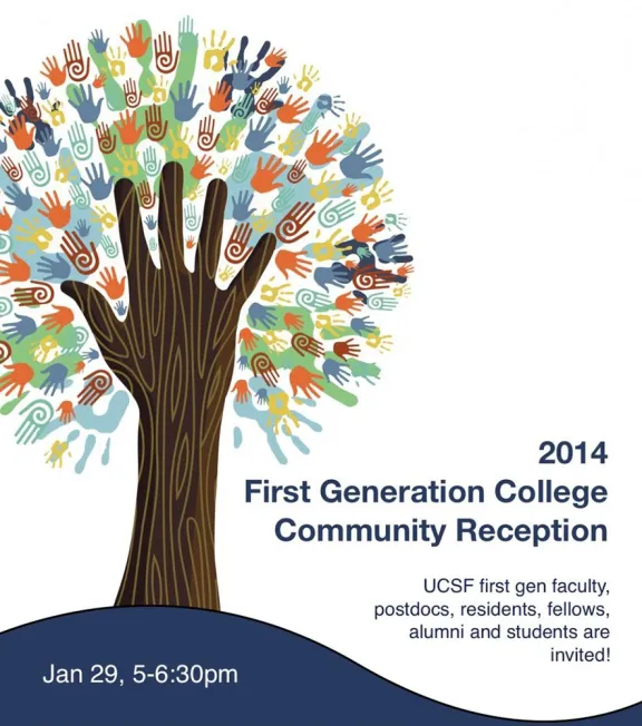 flyer for 2014 recepetion. tree trunk is a hand with many small handles as the leaves