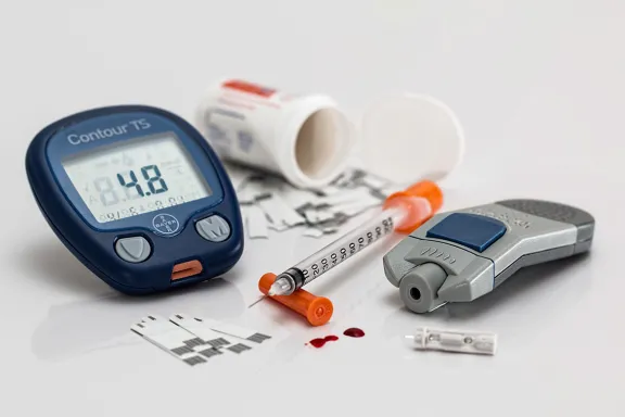 Image of a handheld glucometer, continuous glucose monitor, and insulin pump. 