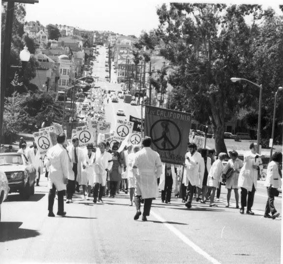 Image of UCSF students protesting in San Francisco street.